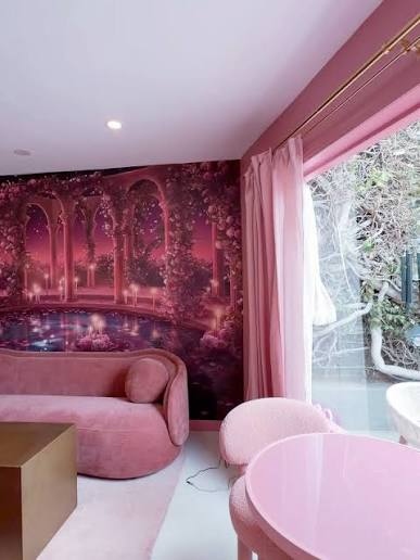 Lavande Vitality House — pink lounge with garden mural